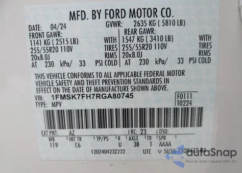 2024 Ford Explorer Limited z USA, uszkodzony, nr VIN 1FMSK7FH7RGA80745